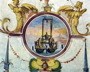 Grand ponton avec un dispositif pour enfoncer des pieux dans le fond marin, Stanza della Mattematica, 1587-1609
